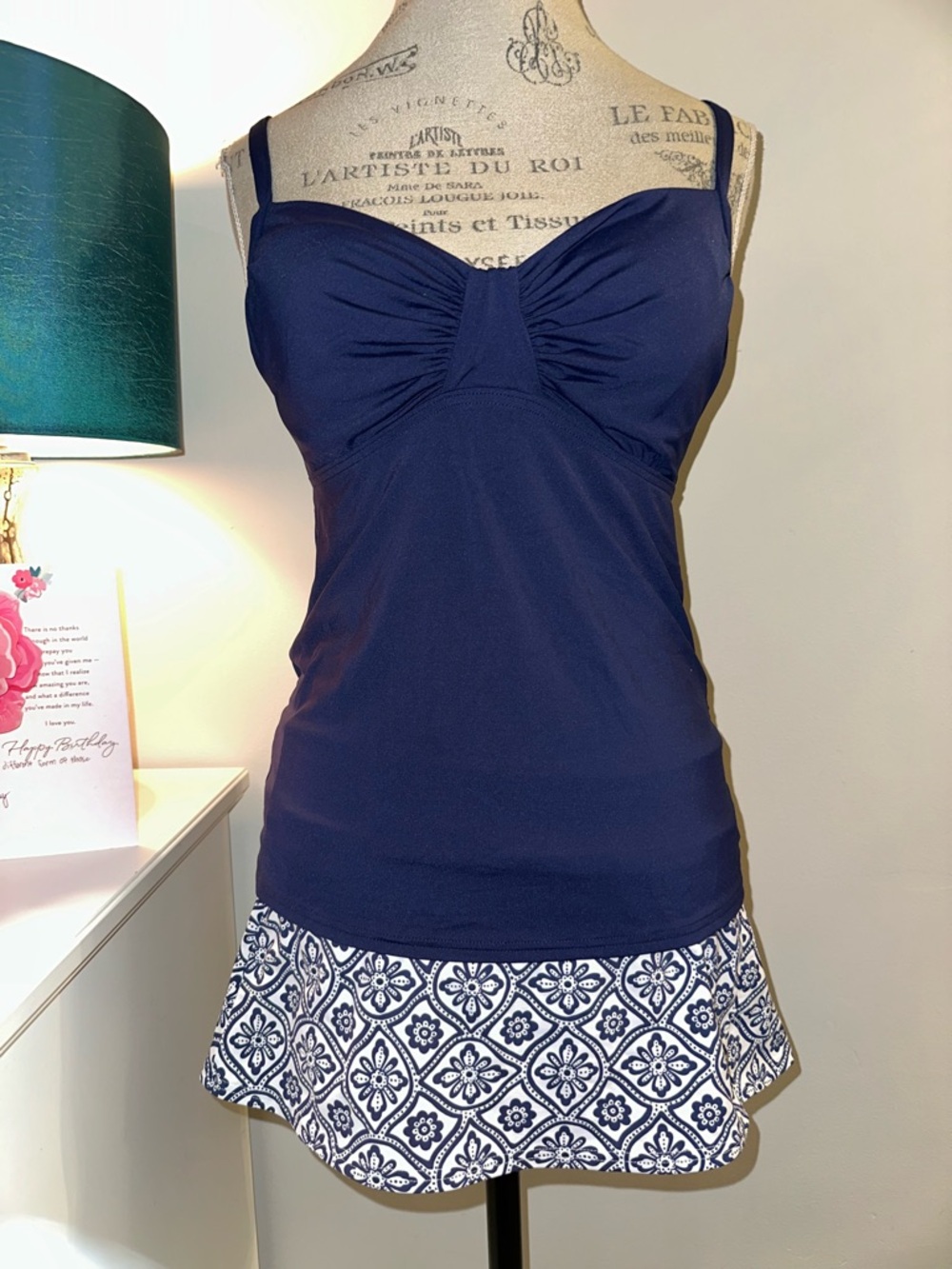 Lands’ End Blue & White Geometric Print Twist Front Tankini Swimsuit 8/8P MINT!